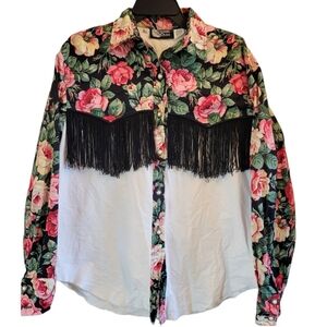 Vintage Damsel Duds Black White Pink Roses Fringe Long Sleeve Button Up Blouse